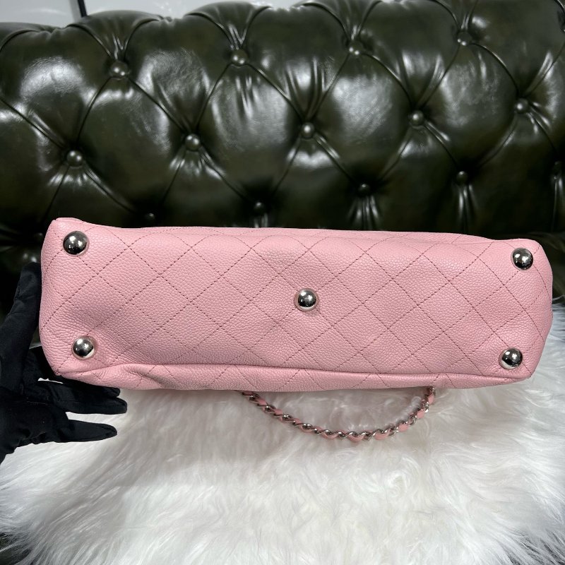 香奈兒/Chanel 櫻花粉銀扣荔枝皮 菱格紋鏈條托特包-4