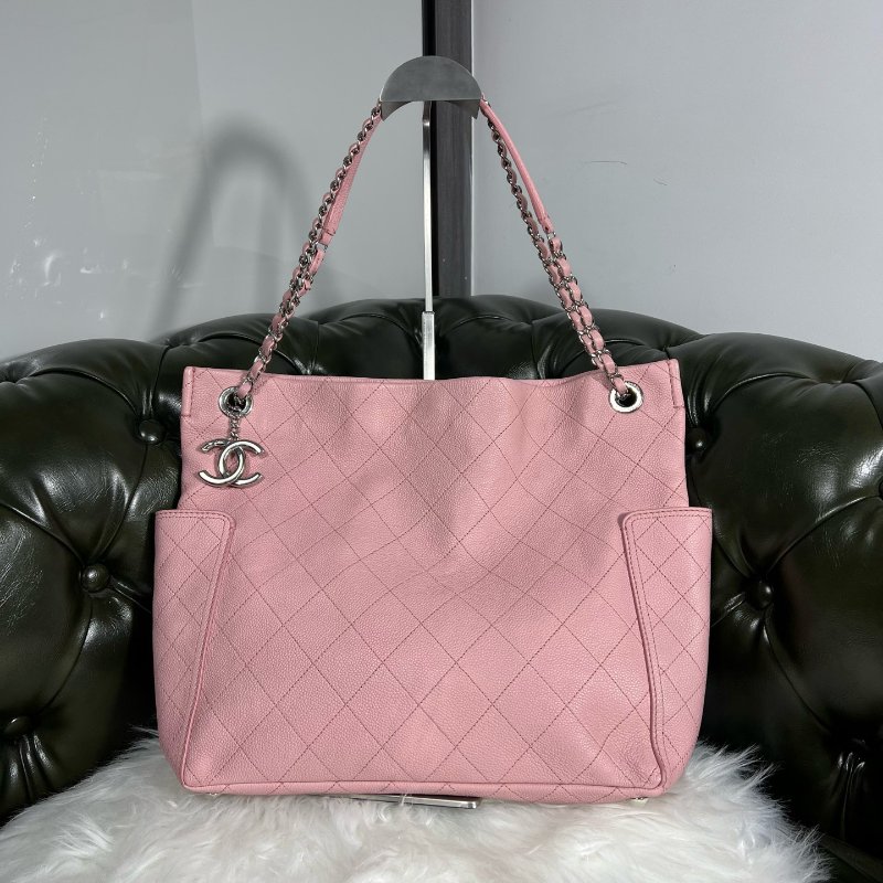 香奈兒/Chanel 櫻花粉銀扣荔枝皮 菱格紋鏈條托特包-5