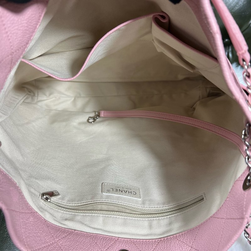 香奈兒/Chanel 櫻花粉銀扣荔枝皮 菱格紋鏈條托特包-12