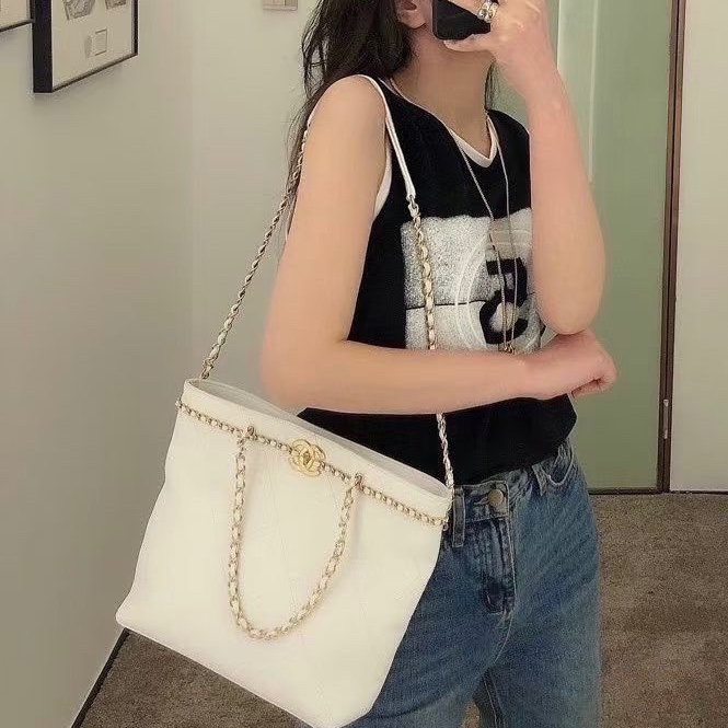 Chanel滾邊鏈條托特包 白金 牛皮25*22*7 99新配件盒子塵袋保卡購證-0