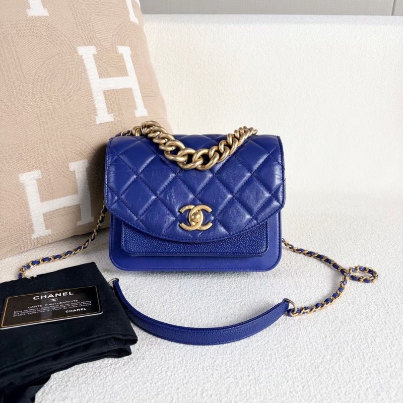 Chanel孟買系列風琴包藍色金扣 牛皮18.5*15*4 99新配件塵袋保卡-1