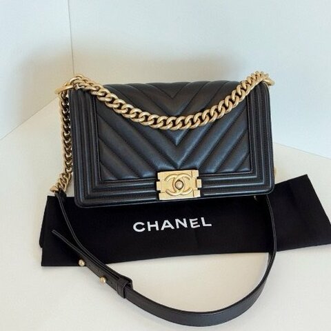 香奈兒/Chanel 經典Leboy中號 黑金牛皮V紋鏈條包