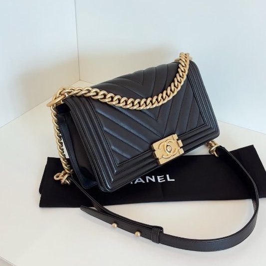 香奈兒/Chanel 經典Leboy中號 黑金牛皮V紋鏈條包-2