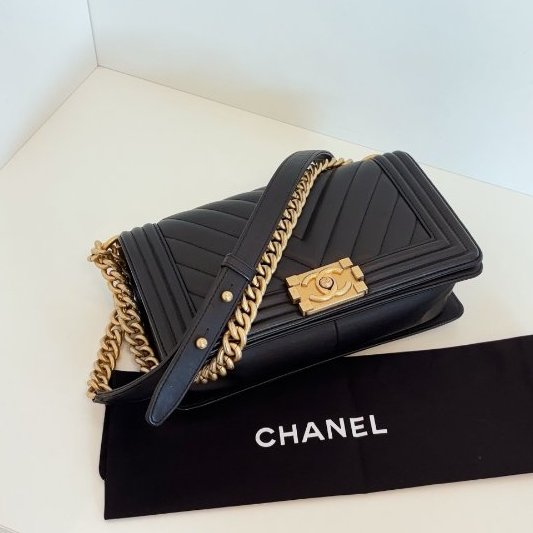 香奈兒/Chanel 經典Leboy中號 黑金牛皮V紋鏈條包-5