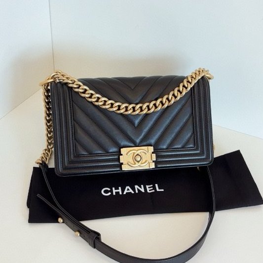 香奈兒/Chanel 經典Leboy中號 黑金牛皮V紋鏈條包-6