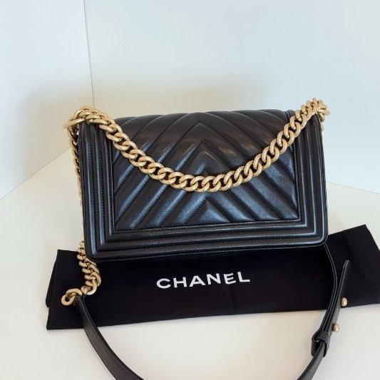 香奈兒/Chanel 經典Leboy中號 黑金牛皮V紋鏈條包-7