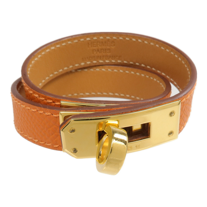 HERMES Epsom皮革Kelly Double Tour Bracelet金扣手帶Orange-0