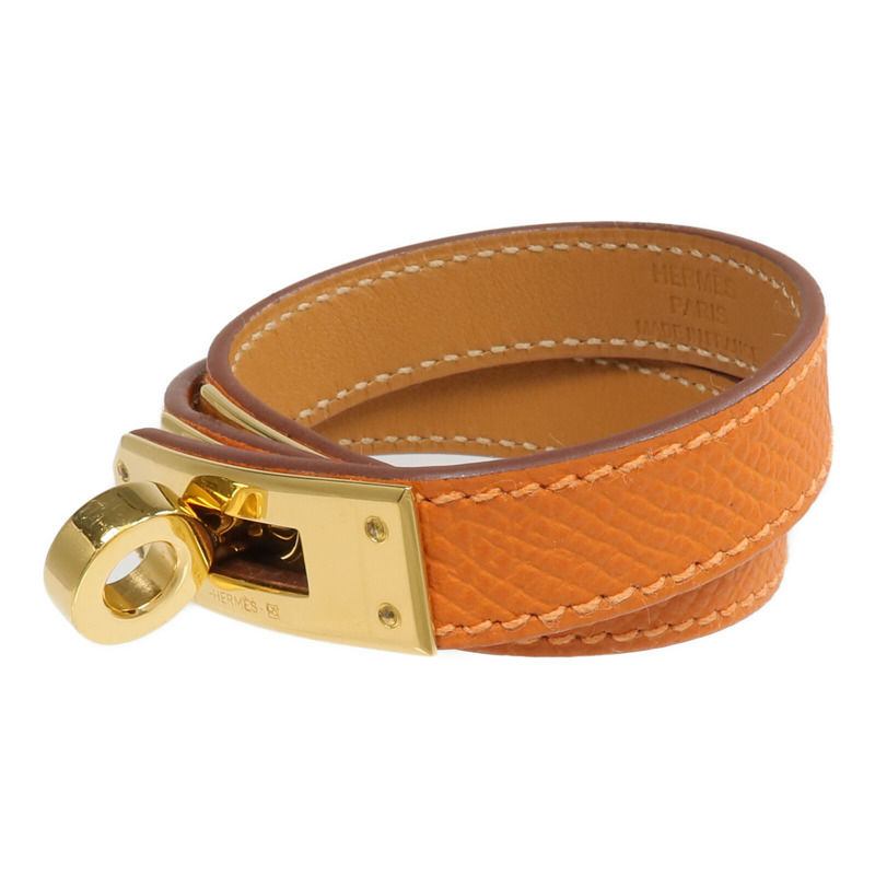 HERMES Epsom皮革Kelly Double Tour Bracelet金扣手帶Orange-1