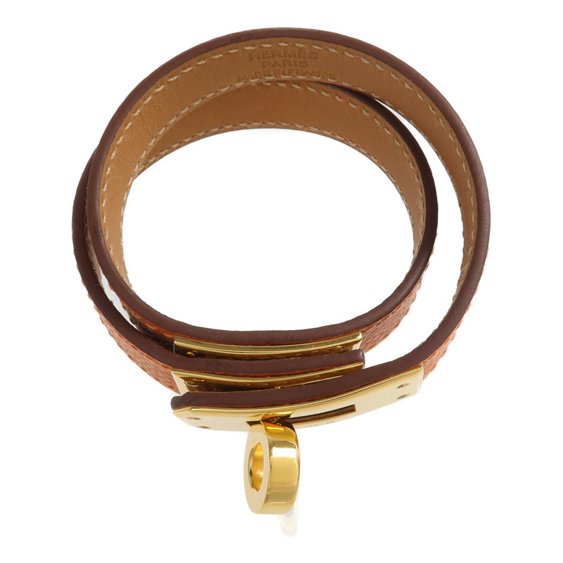 HERMES Epsom皮革Kelly Double Tour Bracelet金扣手帶Orange-3