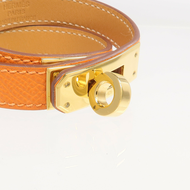HERMES Epsom皮革Kelly Double Tour Bracelet金扣手帶Orange-4