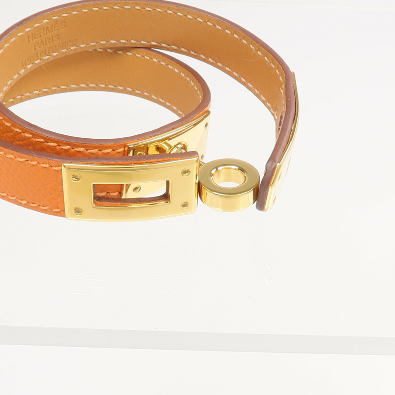 HERMES Epsom皮革Kelly Double Tour Bracelet金扣手帶Orange-5