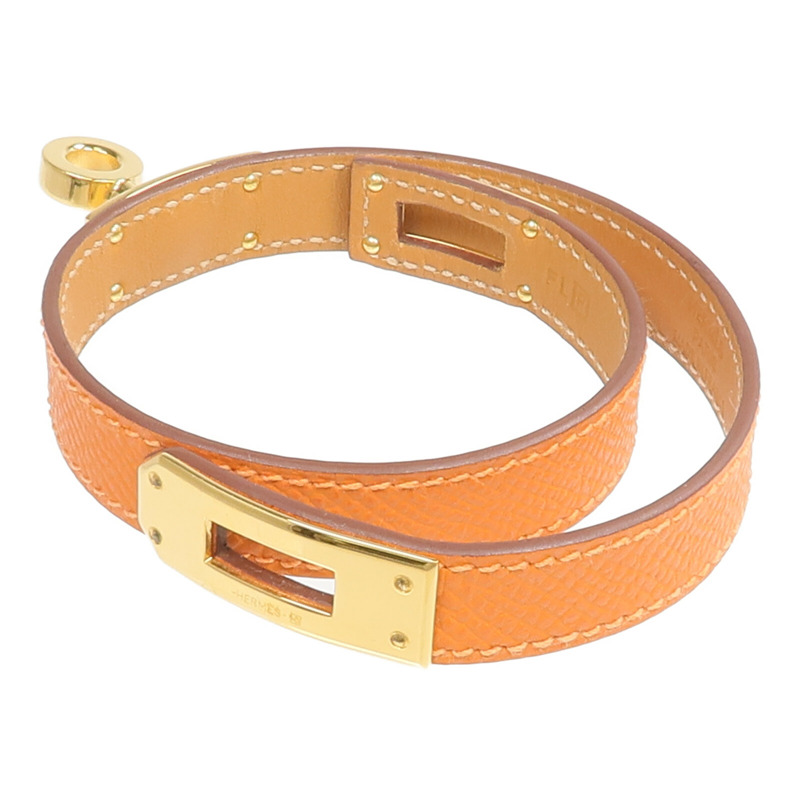 HERMES Epsom皮革Kelly Double Tour Bracelet金扣手帶Orange-6
