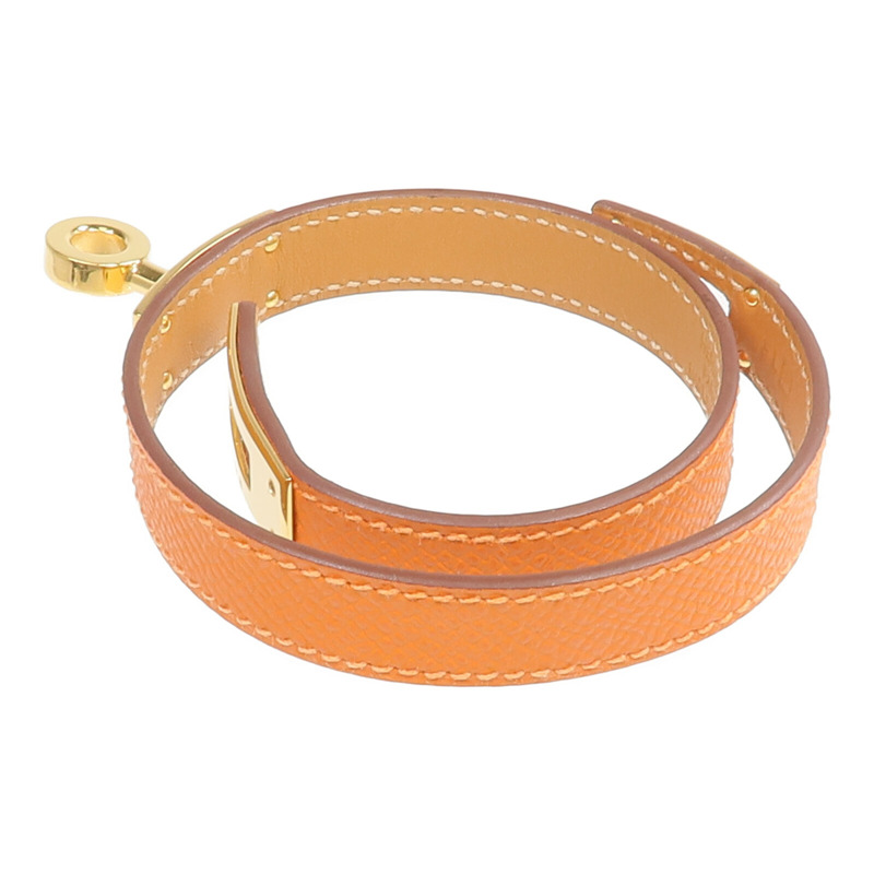 HERMES Epsom皮革Kelly Double Tour Bracelet金扣手帶Orange-9