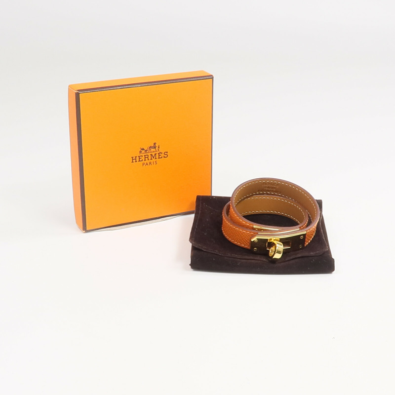 HERMES Epsom皮革Kelly Double Tour Bracelet金扣手帶Orange-10