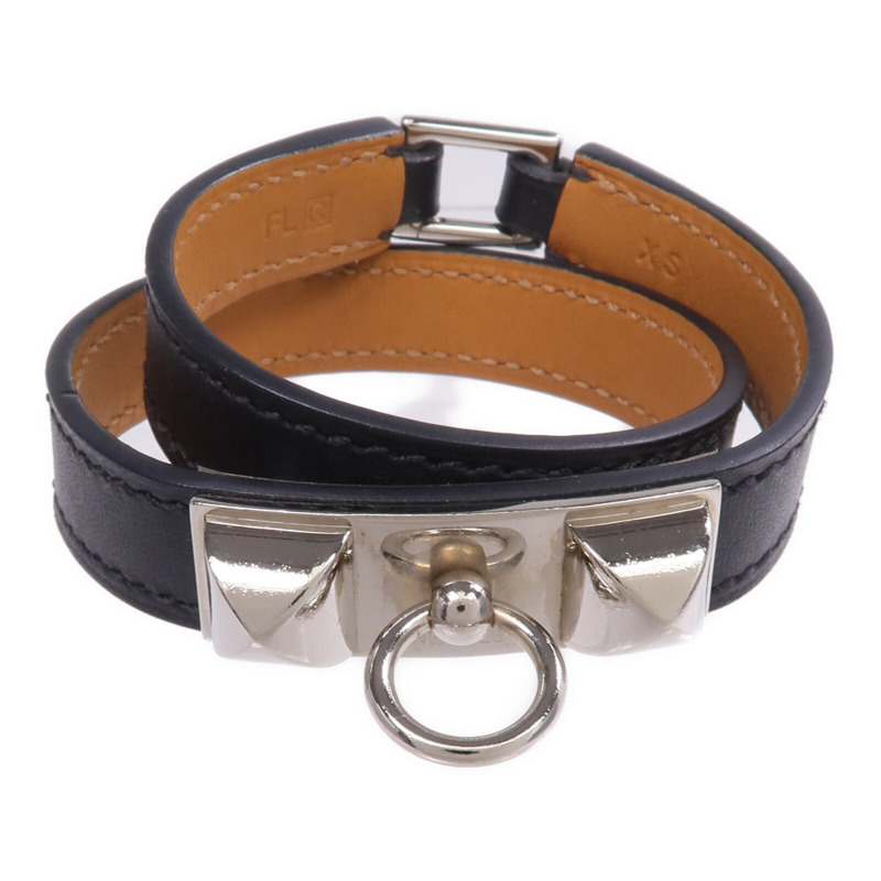 HERMES Swift皮革Rivale Double Tour Bracelet銀扣手帶Noir-0
