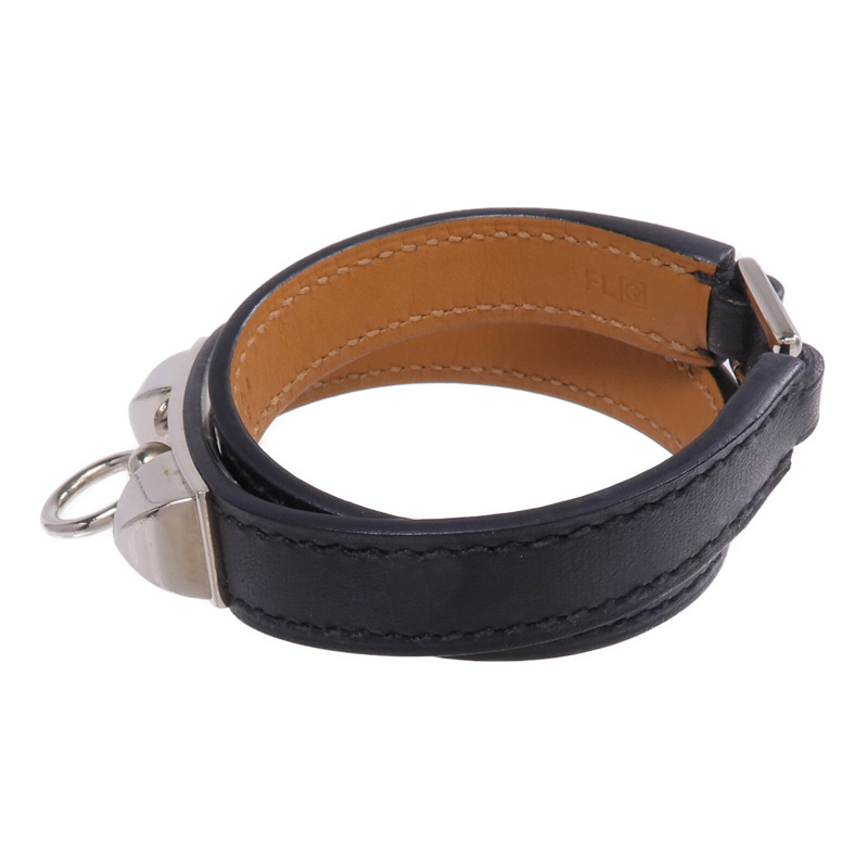HERMES Swift皮革Rivale Double Tour Bracelet銀扣手帶Noir-1