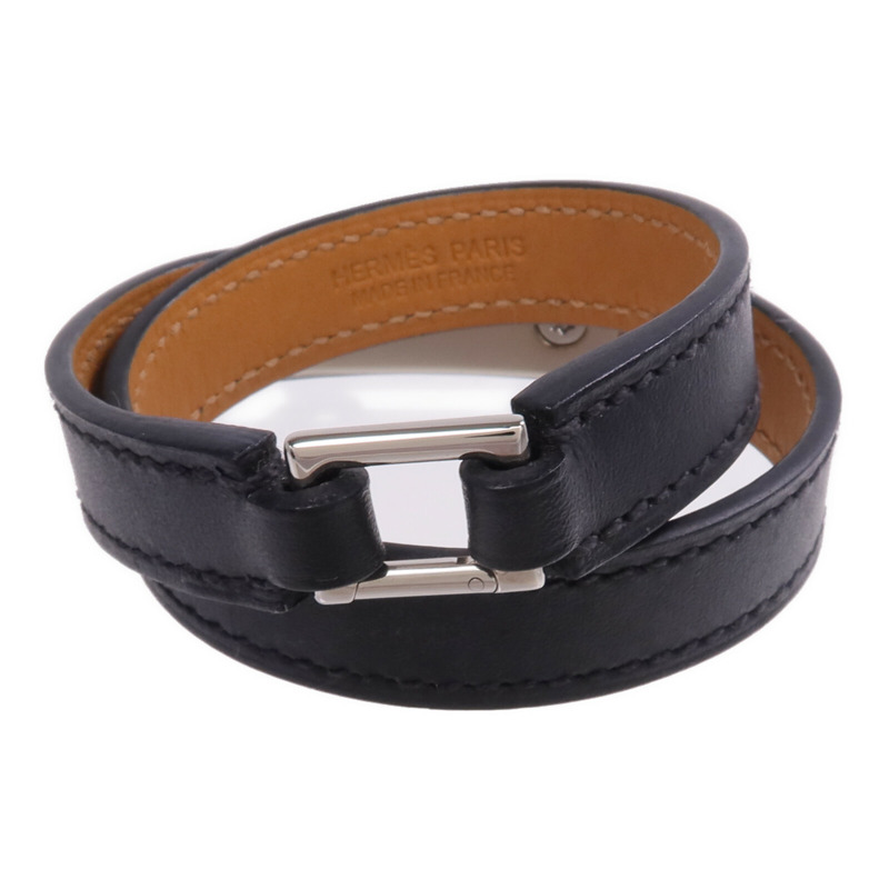 HERMES Swift皮革Rivale Double Tour Bracelet銀扣手帶Noir-2