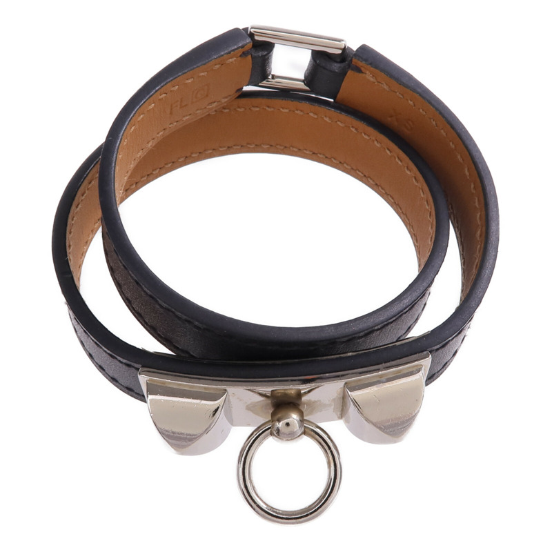 HERMES Swift皮革Rivale Double Tour Bracelet銀扣手帶Noir-3