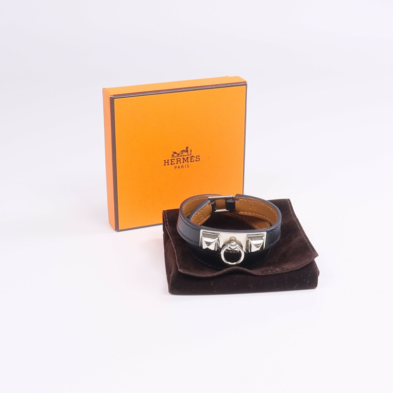 HERMES Swift皮革Rivale Double Tour Bracelet銀扣手帶Noir-7