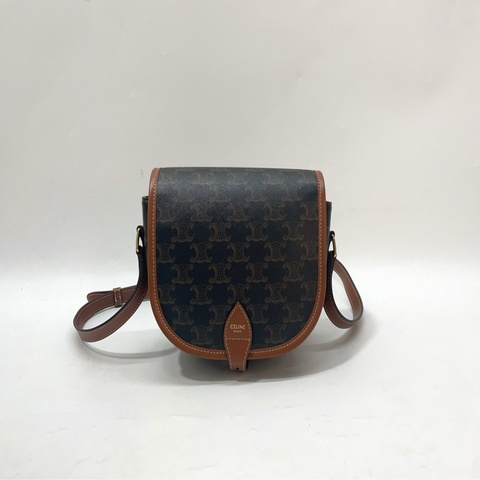 Celine Triomphe帆布拚咖牛皮金釦斜背馬鞍包