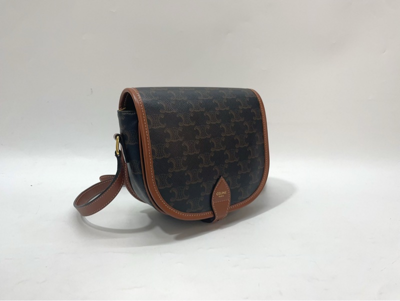 Celine Triomphe帆布拚咖牛皮金釦斜背馬鞍包-2