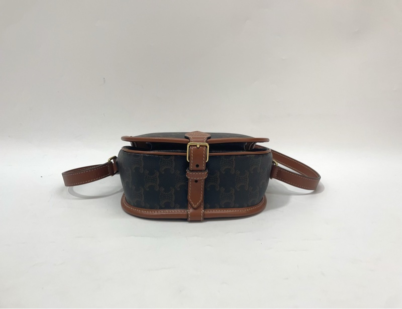 Celine Triomphe帆布拚咖牛皮金釦斜背馬鞍包-4