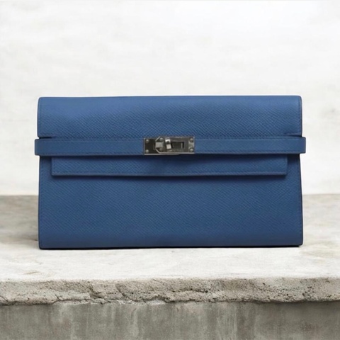 「JL精品代購」98新 Hermes 愛馬仕 藍Kelly 長夾