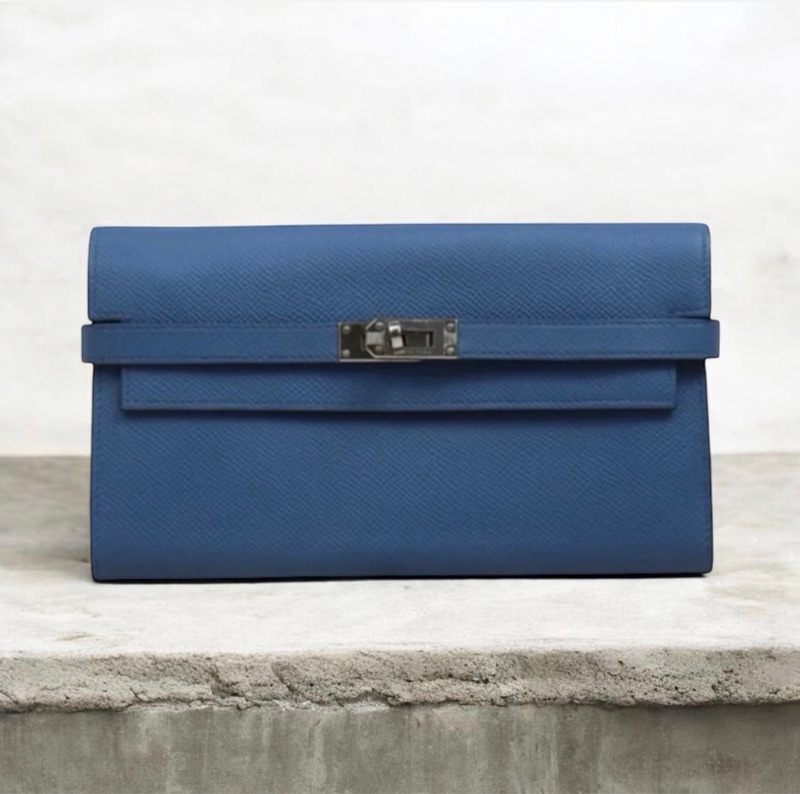 「JL精品代購」98新 Hermes 愛馬仕 藍Kelly 長夾-0