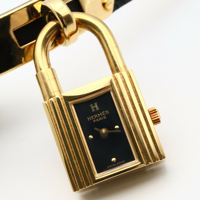 黑色錶盤 鍍金 皮帶 Kelly 腕錶【HERMES 愛馬仕】  KE1.201-6