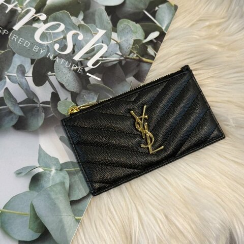 YSL V字縫線金屬LOGO魚子醬拉鍊 卡夾 零錢包