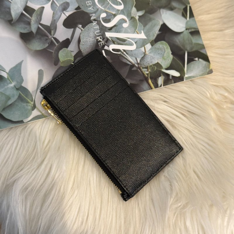 YSL V字縫線金屬LOGO魚子醬拉鍊 卡夾 零錢包-1