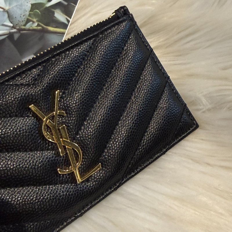 YSL V字縫線金屬LOGO魚子醬拉鍊 卡夾 零錢包-5