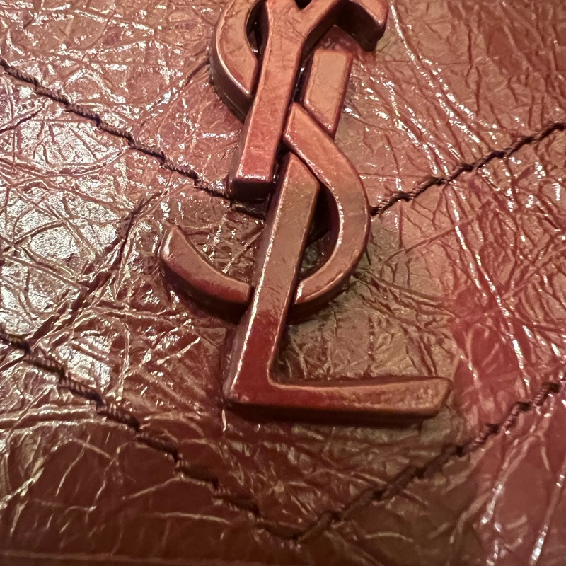 真品 YSL 酒紅色 揉面 小牛皮 山形紋 復古銀練 MINI NIKI 肩背包 斜背包華泰名品城-2