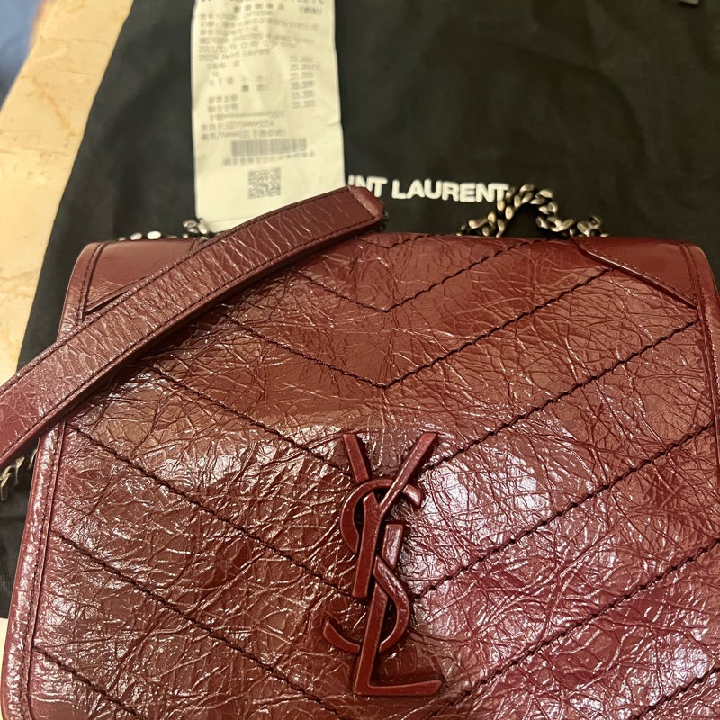 真品 YSL 酒紅色 揉面 小牛皮 山形紋 復古銀練 MINI NIKI 肩背包 斜背包華泰名品城-4
