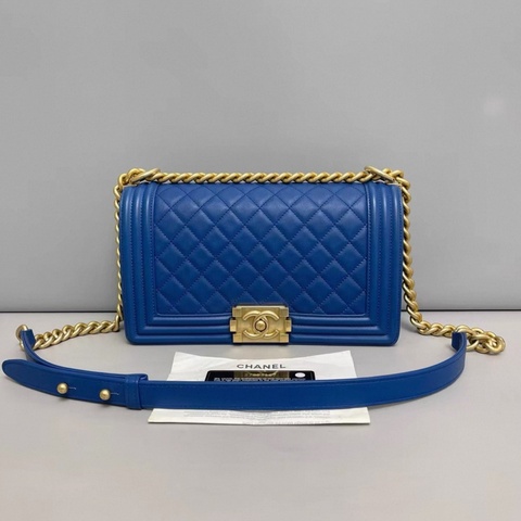 Chanel香奈兒leboy中號藍金牛皮菱格單肩斜挎包