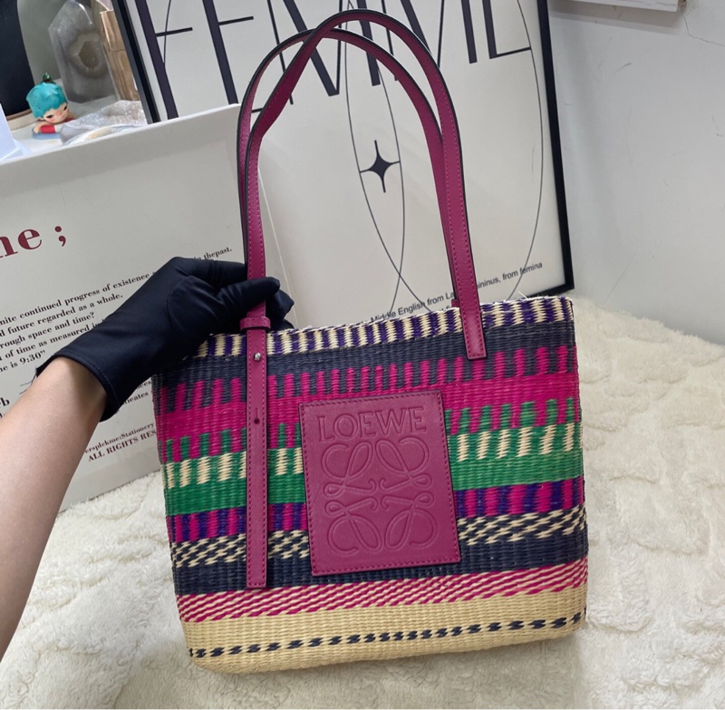 【多巴胺配色🌈可淑女可少女✨罕見獨有】LOEWE彩虹拼色拉菲草編織 菜籃子｜單肩｜手提包-2
