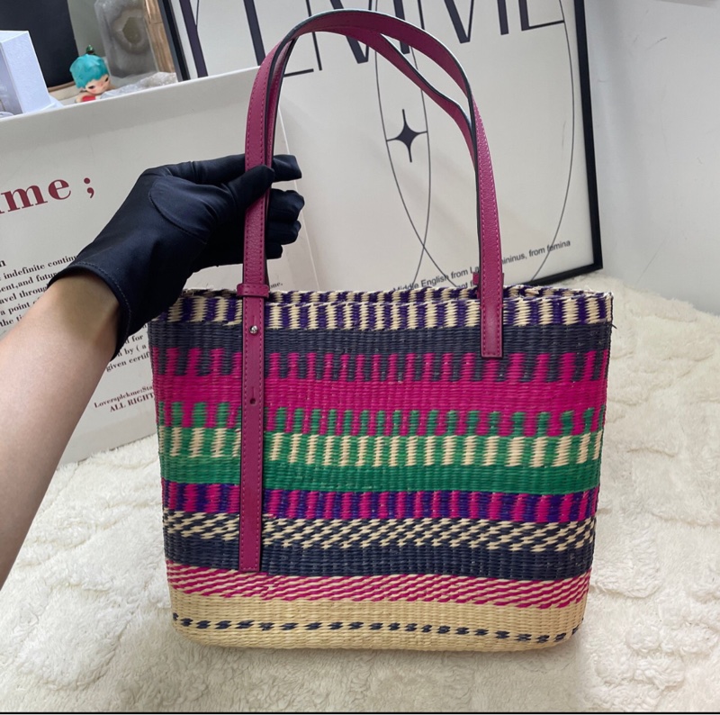 【多巴胺配色🌈可淑女可少女✨罕見獨有】LOEWE彩虹拼色拉菲草編織 菜籃子｜單肩｜手提包-3