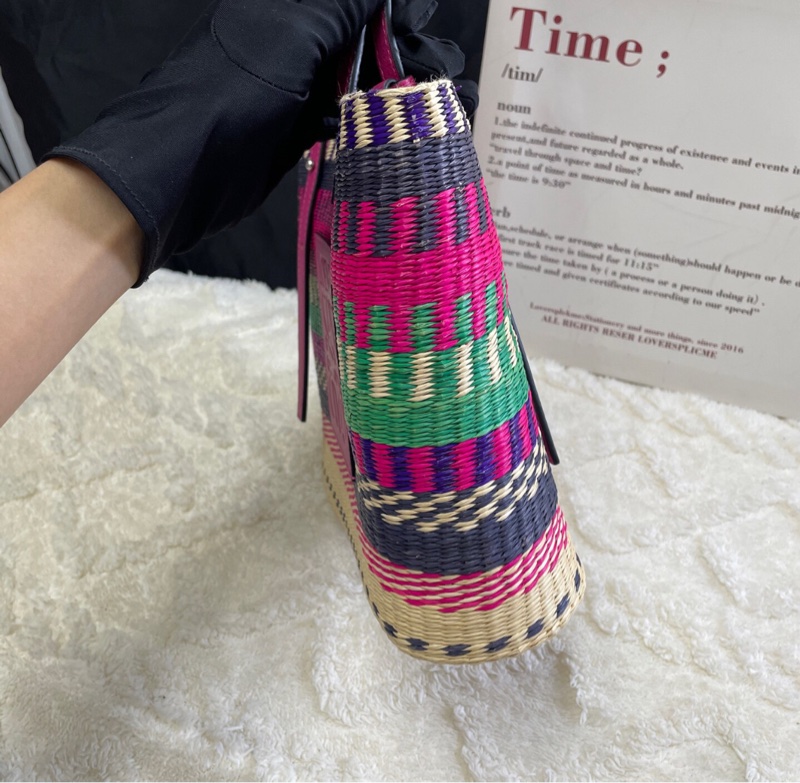 【多巴胺配色🌈可淑女可少女✨罕見獨有】LOEWE彩虹拼色拉菲草編織 菜籃子｜單肩｜手提包-5