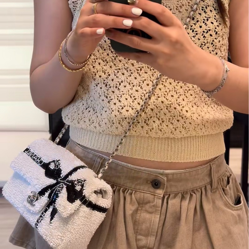 【冬日雪白❤️超特別✨】CHANEL 24B 白色 蝴蝶結亮片CF 22cm-2