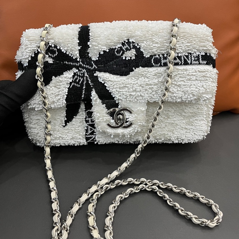 【冬日雪白❤️超特別✨】CHANEL 24B 白色 蝴蝶結亮片CF 22cm-3