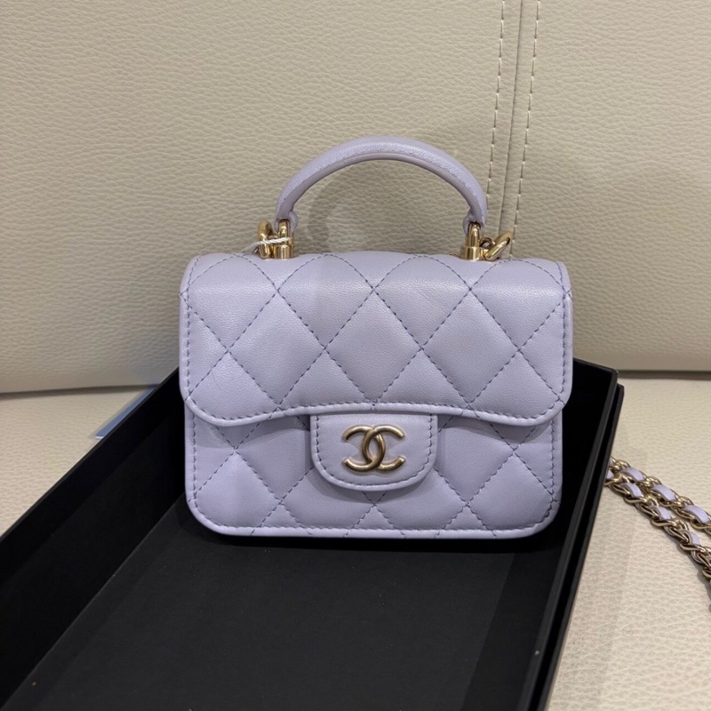 【98新✨ 全網最低價】 31開帶卡 Chanel mini woc 香芋紫 金扣 羊皮 手柄斜挎包 王心凌同款(下單前先詢問庫存❗️)-0