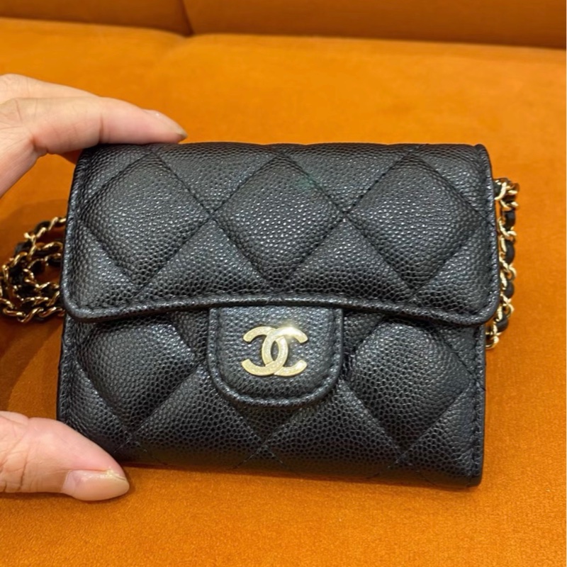 【96新✨ 全網最低價!】Chanel 香奈兒 黑金菱格紋小錢包 荔枝皮 帶鏈條 (下單前先詢問庫存❗️)-1
