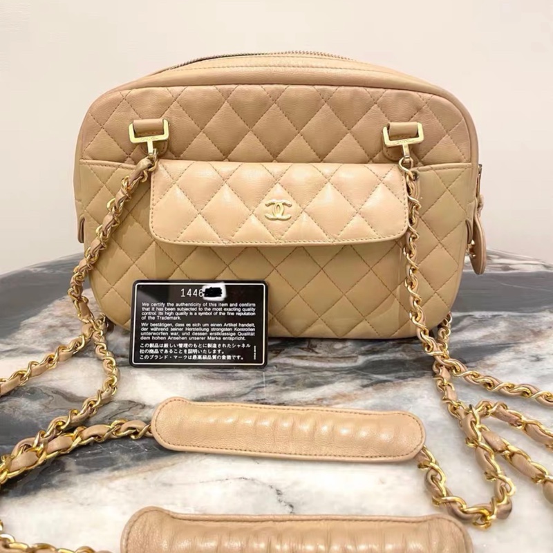 【96新 ✨ 全網最低價!】中古香奈兒chanel 中古奶茶色 雙鏈條 斜挎包 有卡 (下單前先詢問庫存❗️)-1