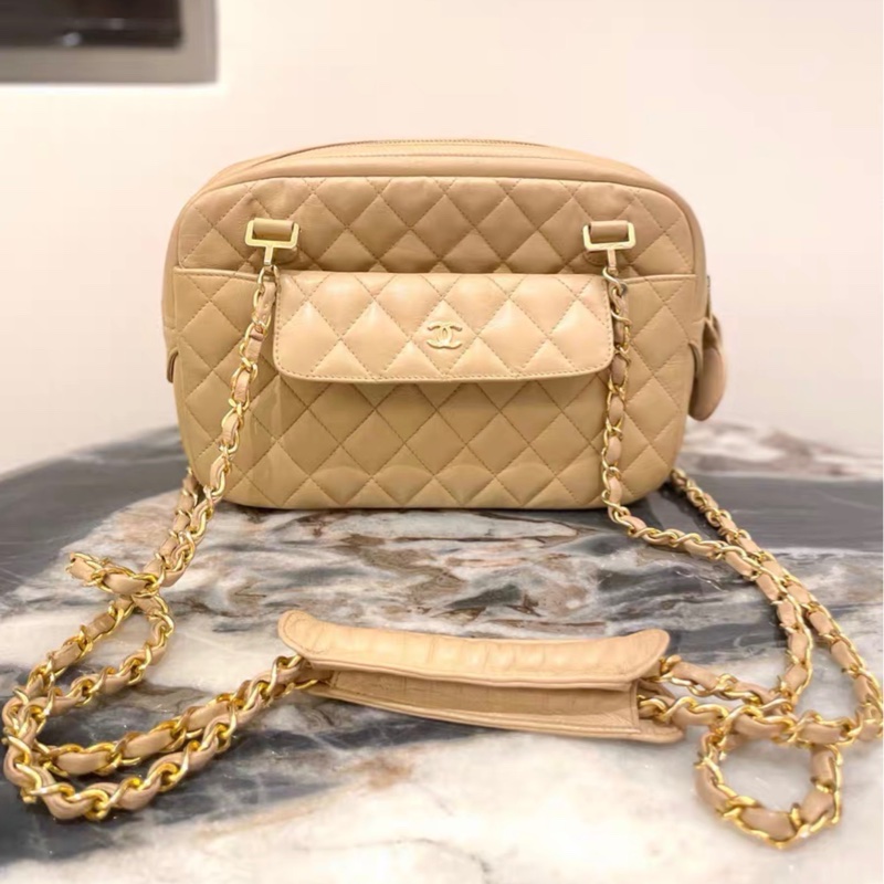 【96新 ✨ 全網最低價!】中古香奈兒chanel 中古奶茶色 雙鏈條 斜挎包 有卡 (下單前先詢問庫存❗️)-3