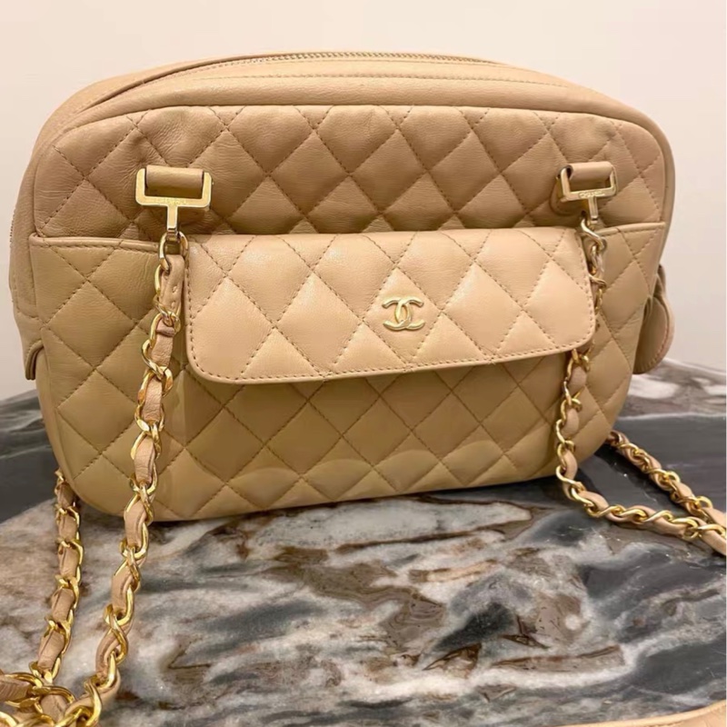 【96新 ✨ 全網最低價!】中古香奈兒chanel 中古奶茶色 雙鏈條 斜挎包 有卡 (下單前先詢問庫存❗️)-4