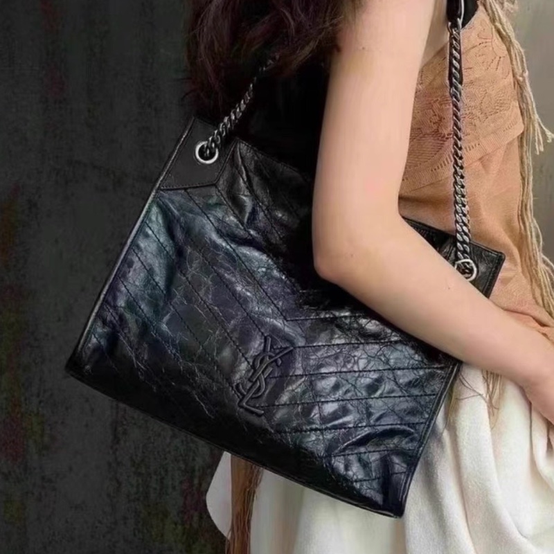 絕美爆款❤️‍🔥超難買🥹Ysl聖羅蘭黑色油蠟皮niki shopping bag托特包單肩手提包-8