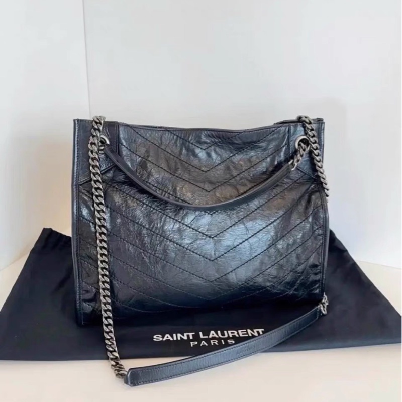 絕美爆款❤️‍🔥超難買🥹Ysl聖羅蘭黑色油蠟皮niki shopping bag托特包單肩手提包-17