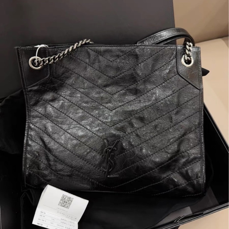 絕美爆款❤️‍🔥超難買🥹Ysl聖羅蘭黑色油蠟皮niki shopping bag托特包單肩手提包-20