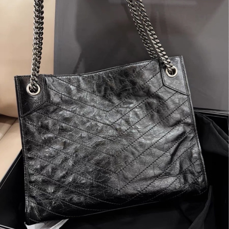 絕美爆款❤️‍🔥超難買🥹Ysl聖羅蘭黑色油蠟皮niki shopping bag托特包單肩手提包-21