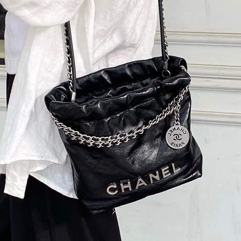 熱門瘋搶款😍99新🆕Chanel香奈兒黑銀迷你22bag mini垃圾袋單肩斜挎包